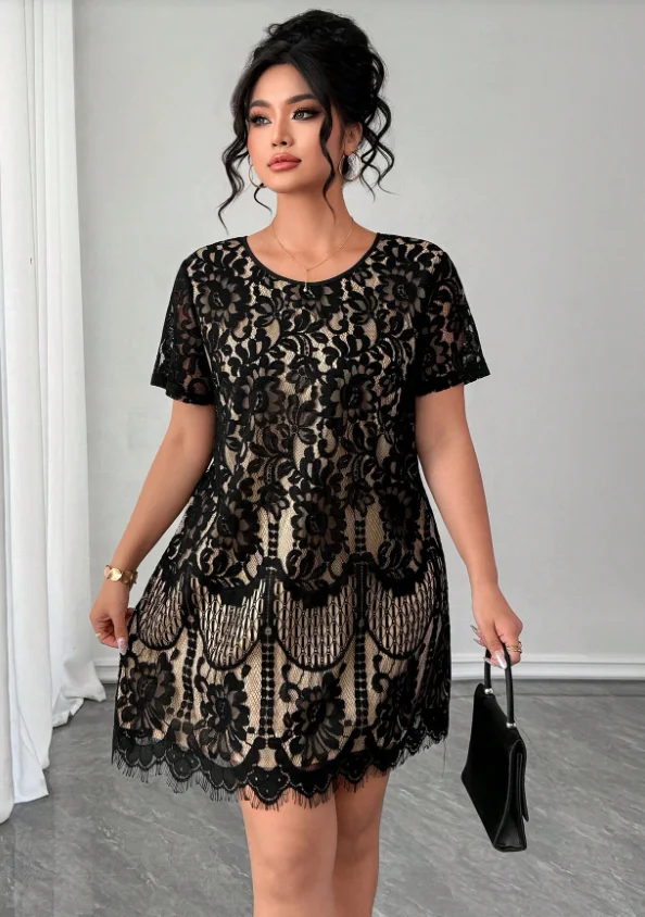 Plus Size Women's Black Lace Dress Round Neck Short Sleeve Waist-cinching Slimming A-line Dress Versatile for Dating and Commuti
Plus Size Women's Black Lace Dress Round Neck Short Sleeve Waist-cinching Slimming A-line Dress Versatile for Dating and Commuti