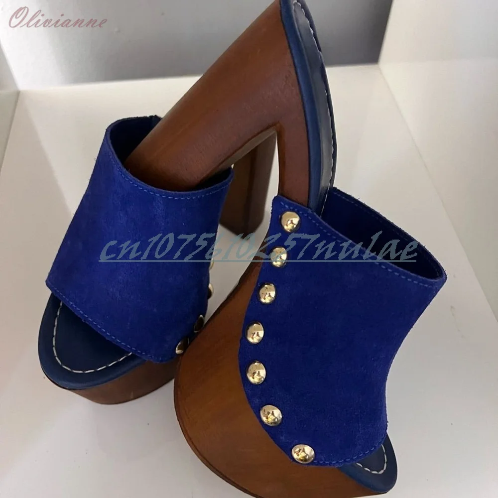 Dark Blue Suede Side Rivets Decor Slippers Plaform Open Toe Elegan Chunky High Heel Women shoes Lady's Outdoor Pumps Para Mujure
Dark Blue Suede Side Rivets Decor Slippers Plaform Open Toe Elegan Chunky High Heel Women shoes Lady's Outdoor Pumps Para Mujure