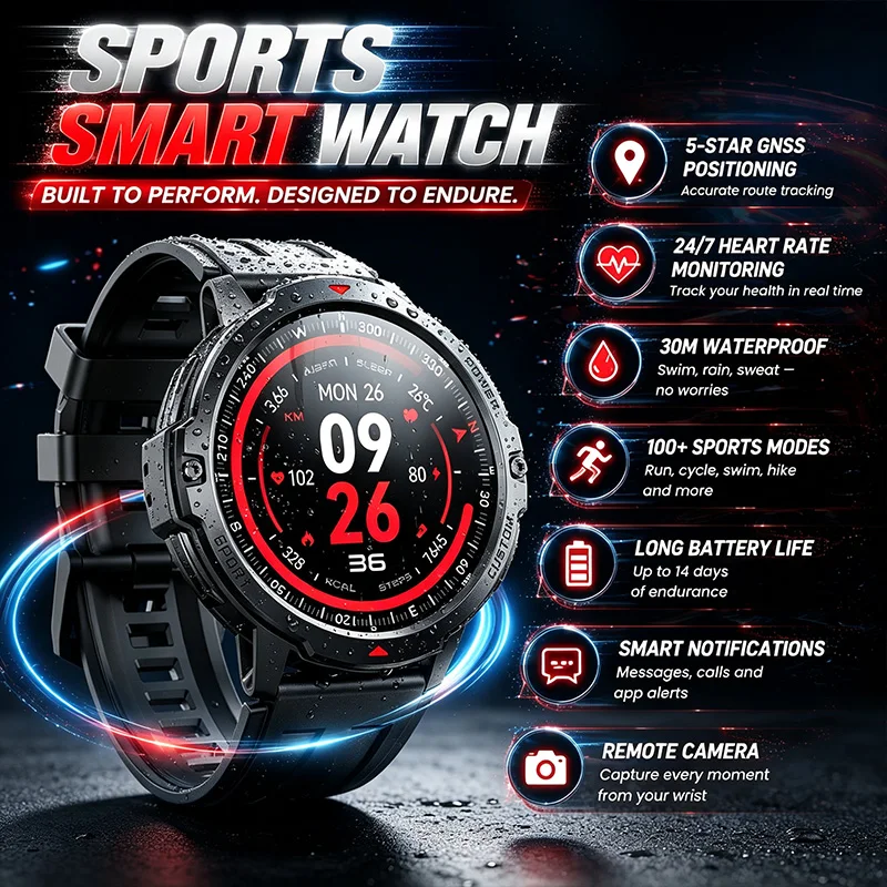 Outdoor Sports Smart Watch GPS Positioning 3ATM Waterproof 100+ Sports Modes Bluetooth HD Call Information Push Smart Watch
Outdoor Sports Smart Watch GPS Positioning 3ATM Waterproof 100+ Sports Modes Bluetooth HD Call Information Push Smart Watch
