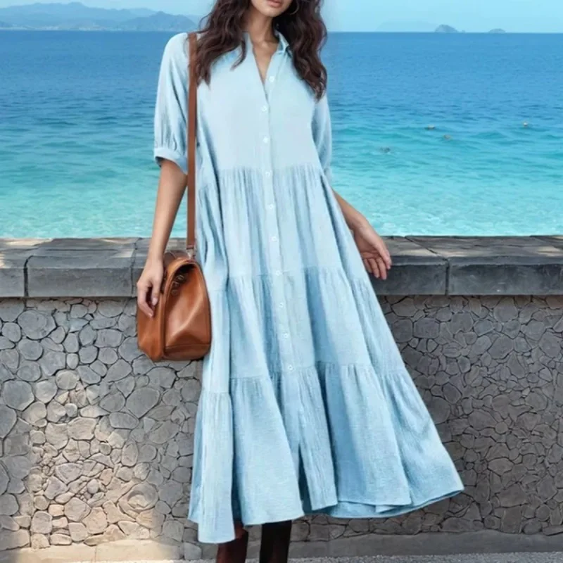 Vacation Beach Casual Cotton And Linen Pocket Shirt Dress Short Sleeved Button Ruffles Casual Street Style Robe Dresses Vestidos
Vacation Beach Casual Cotton And Linen Pocket Shirt Dress Short Sleeved Button Ruffles Casual Street Style Robe Dresses Vestidos