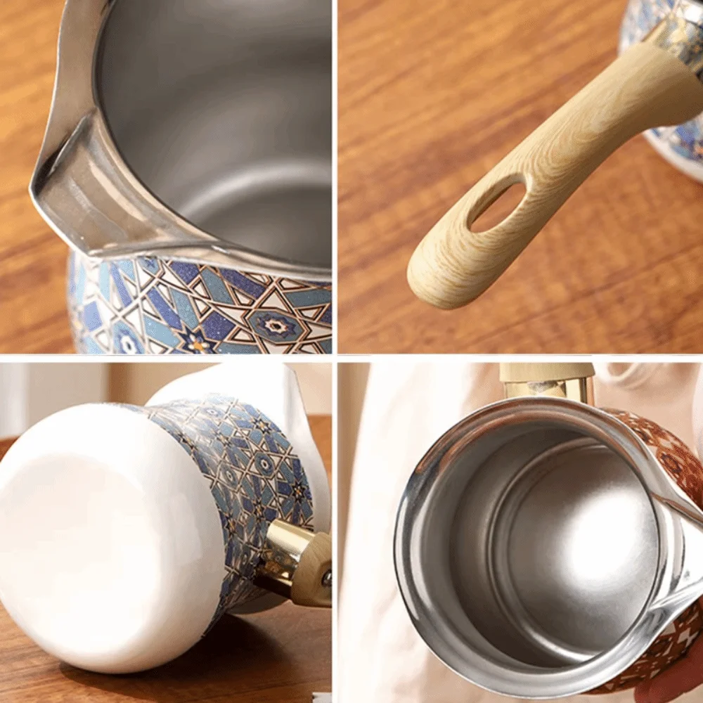 550ml Turkish Coffee Pot Stainless Steel Long Wooden Handle Milk Pot V Shape Diverter Port Arabic Style Butter Melting Pot
550ml Turkish Coffee Pot Stainless Steel Long Wooden Handle Milk Pot V Shape Diverter Port Arabic Style Butter Melting Pot
