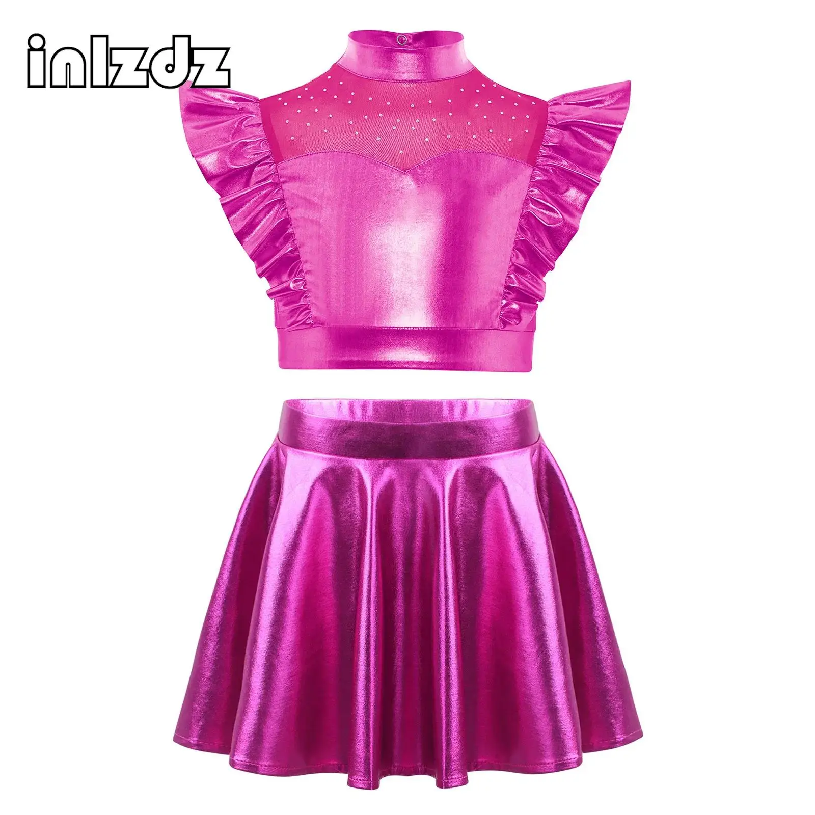 Kids Girls Jazz Dance Outfit Rhinestone Mesh Sleeveless Metallic Crop Top with Flared Skirt for Stage Show Musical Club Party
Kids Girls Jazz Dance Outfit Rhinestone Mesh Sleeveless Metallic Crop Top with Flared Skirt for Stage Show Musical Club Party