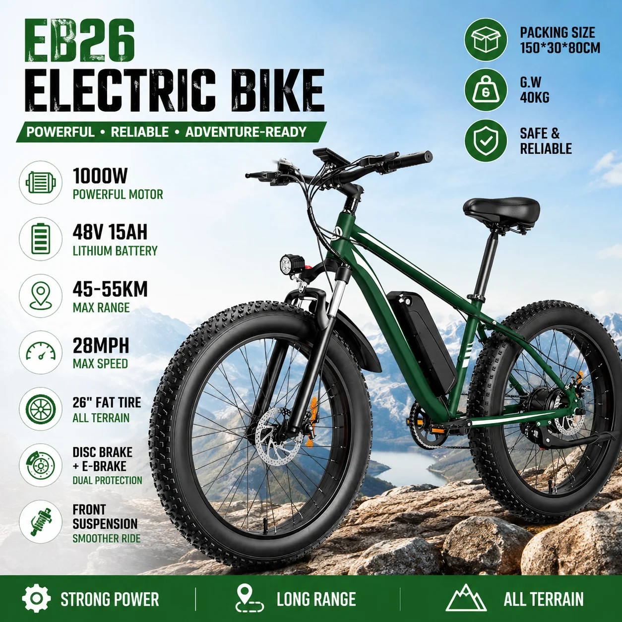 EB26 Electric Bike for Adults 1000W Motor 48V 15Ah Battery Long Range Electric 26” Fat Tire E-Bike 28MPH 55KM Range Disc Brakes
EB26 Electric Bike for Adults 1000W Motor 48V 15Ah Battery Long Range Electric 26” Fat Tire E-Bike 28MPH 55KM Range Disc Brakes