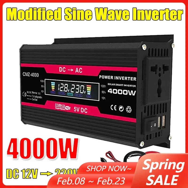 Модифицированный синусоидальный инвертор мощностью 4000 Вт с универсальной розеткой 2 USB, интеллектуальный ЖК-дисплей, преобразователь напряжения с быстрой зарядкой 4,2 А
Модифицированный синусоидальный инвертор мощностью 4000 Вт с универсальной розеткой 2 USB, интеллектуальный ЖК-дисплей, преобразователь напряжения с быстрой зарядкой 4,2 А