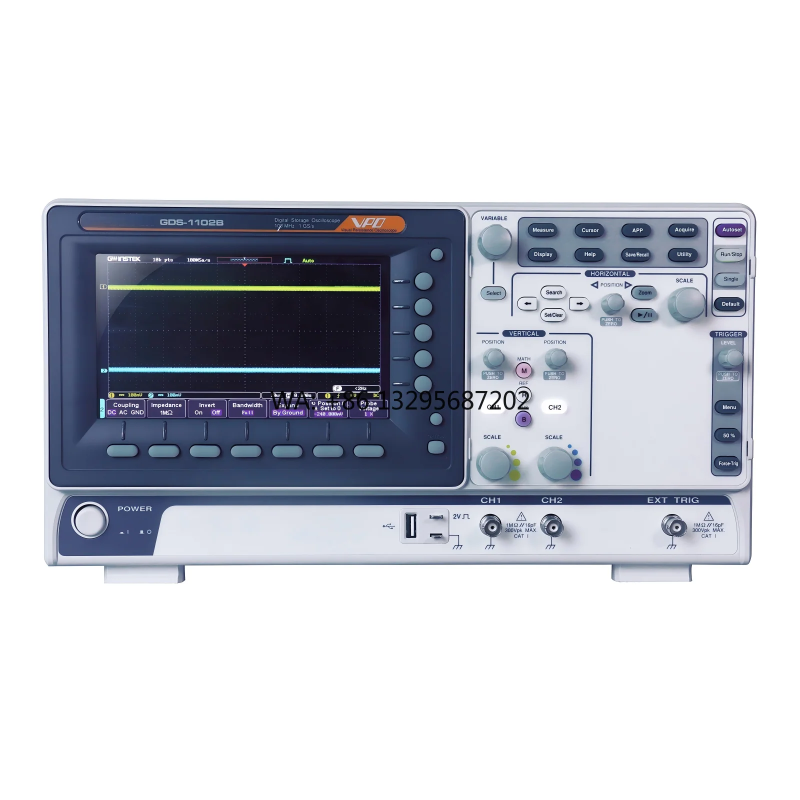 GDS1102B 100MHz Dual Channel Digital Storage Oscilloscope with 7-inch WXGA Display 1 GSa/s Sample Rate 8-bit Resolution