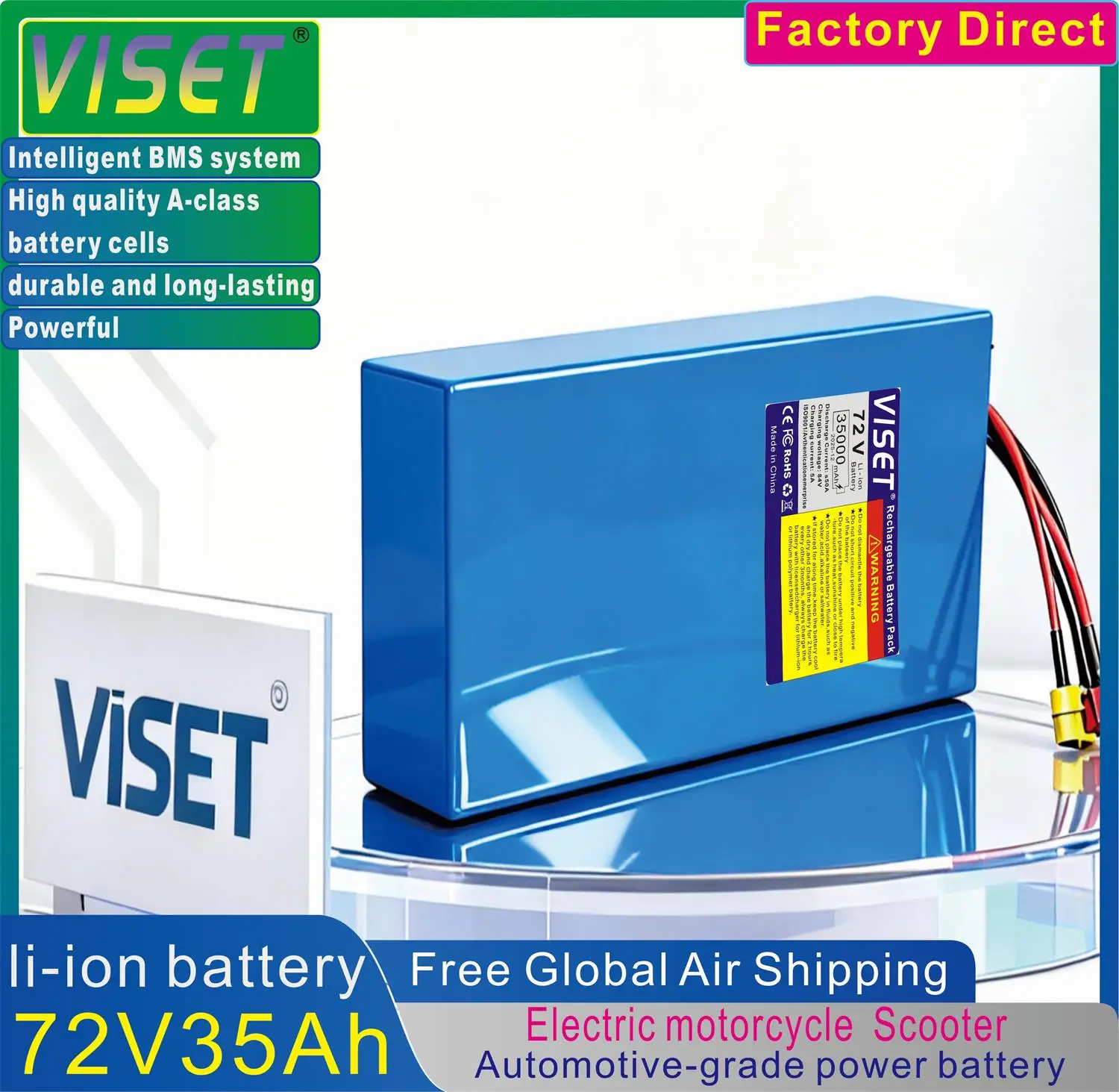 VISET New18650 72V 35Ah lithium-ion battery with built-in BMS 250-3000W high-power battery EScooter Ebike Battery Pack charger
VISET New18650 72V 35Ah lithium-ion battery with built-in BMS 250-3000W high-power battery EScooter Ebike Battery Pack charger