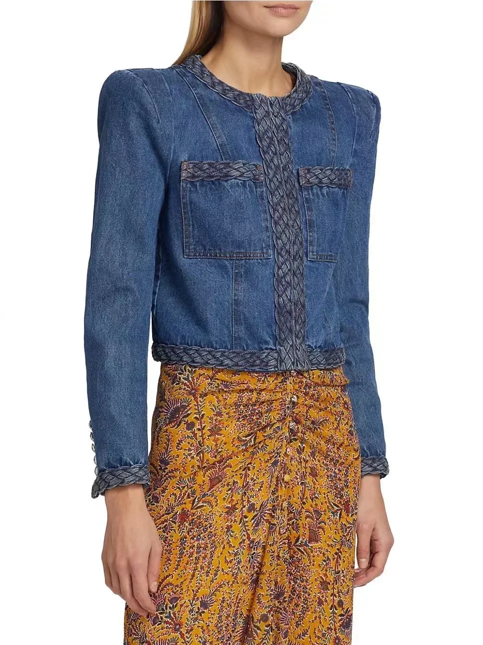 2024 New Summer Autumn Collection Long Sleeve O-Neck Pockets Covered Buttons Blue Jeans Denim Shoulder Padded Jacket
2024 New Summer Autumn Collection Long Sleeve O-Neck Pockets Covered Buttons Blue Jeans Denim Shoulder Padded Jacket
