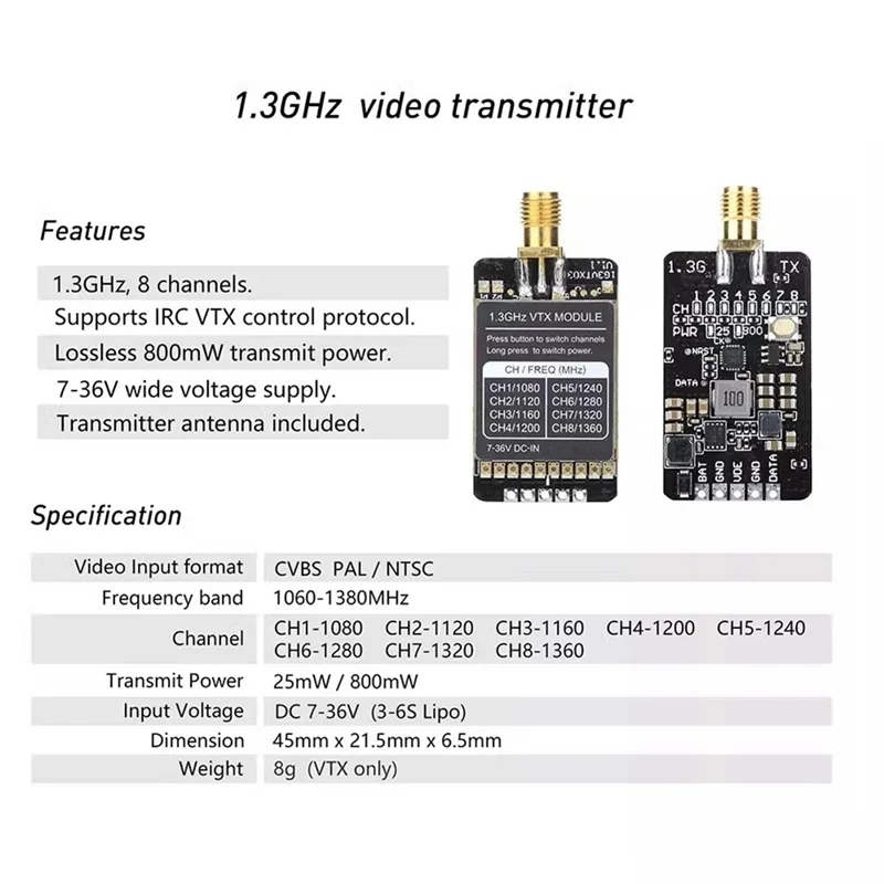 AA08-High Power 1.3G 800Mw 8CH VTX Audio Video FPV Transmitter For RC FPV Drone Accessories
AA08-High Power 1.3G 800Mw 8CH VTX Audio Video FPV Transmitter For RC FPV Drone Accessories