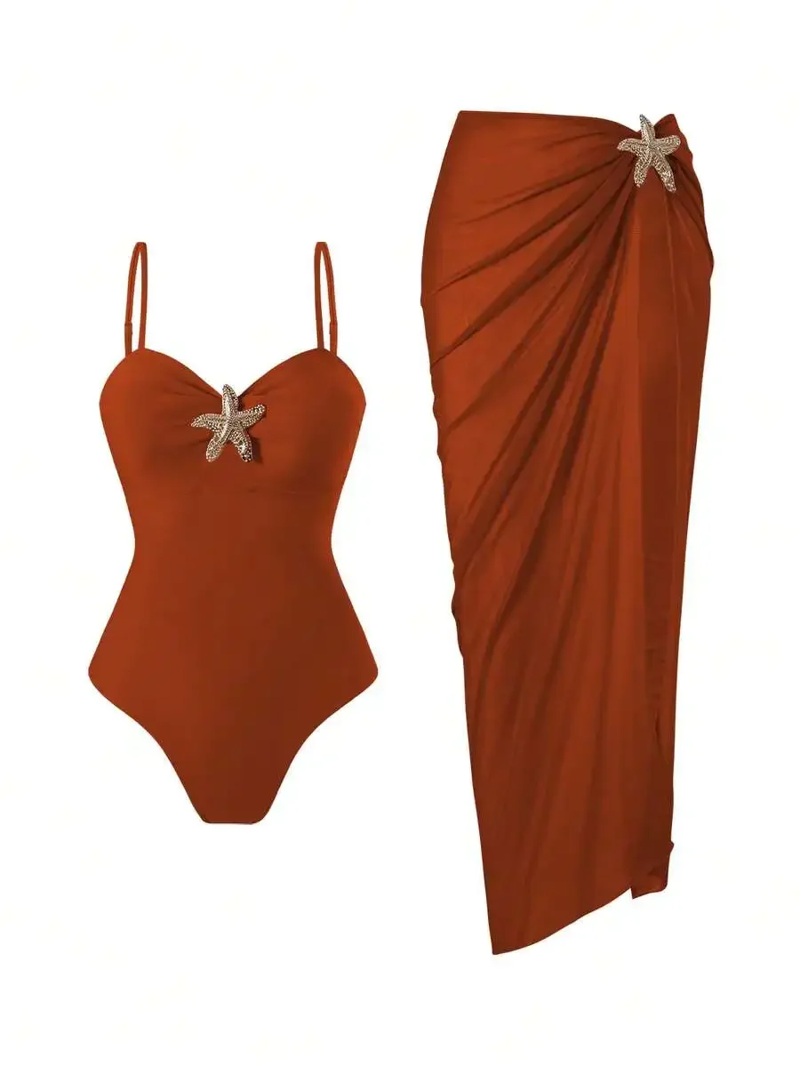 Women Solid Color Spaghetti Strap Starfish Decor One Piece Swimsuit With Long Skirt Set
Women Solid Color Spaghetti Strap Starfish Decor One Piece Swimsuit With Long Skirt Set