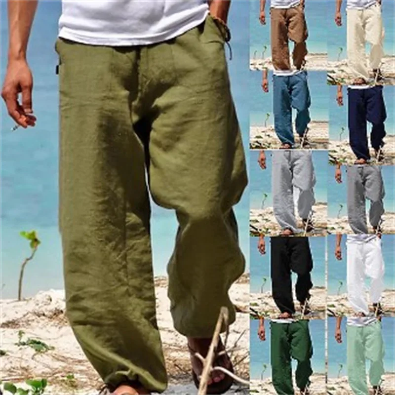 Мужские льняные пляжные брюки с завязками и эластичной резинкой на талии, подходящие для повседневной носки и отдыха, стиль длинных брюк.
Мужские льняные пляжные брюки с завязками и эластичной резинкой на талии, подходящие для повседневной носки и отдыха, стиль длинных брюк.