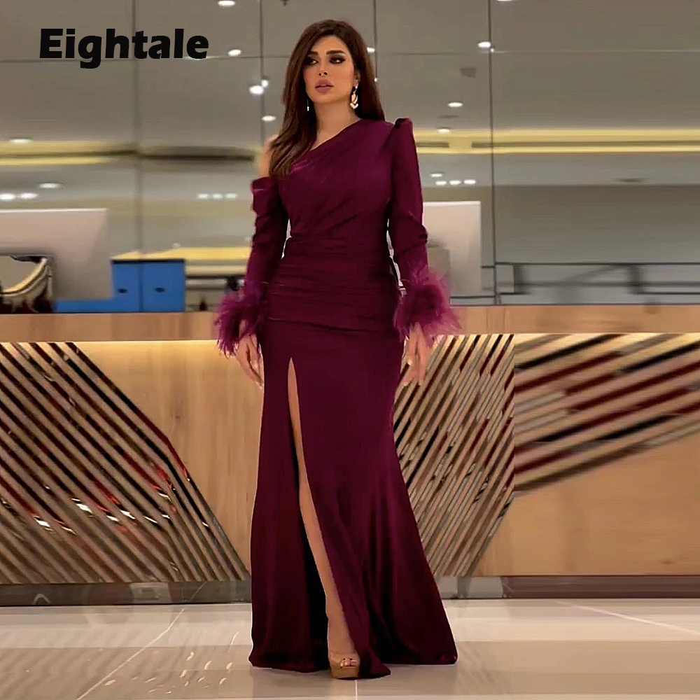 Eightale Feather Evening Dress for Wedding Party One Shoulder Long Sleeves Mermaid Slit Burgundy Arabic Celebrity Prom Gowns
Eightale Feather Evening Dress for Wedding Party One Shoulder Long Sleeves Mermaid Slit Burgundy Arabic Celebrity Prom Gowns
