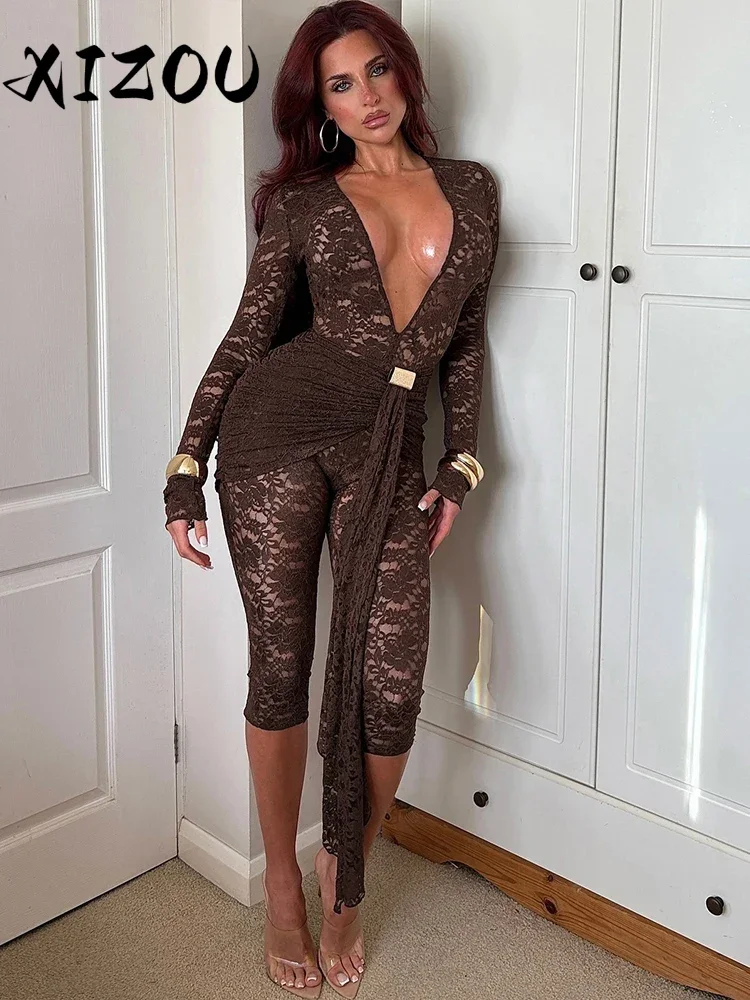 XIZOU Low-Neck Romper Women See Through Jacquard Sexy Coquette Full Sleeve Cinched Waist Metal Knot Tassel Club Playsuit
XIZOU Low-Neck Romper Women See Through Jacquard Sexy Coquette Full Sleeve Cinched Waist Metal Knot Tassel Club Playsuit