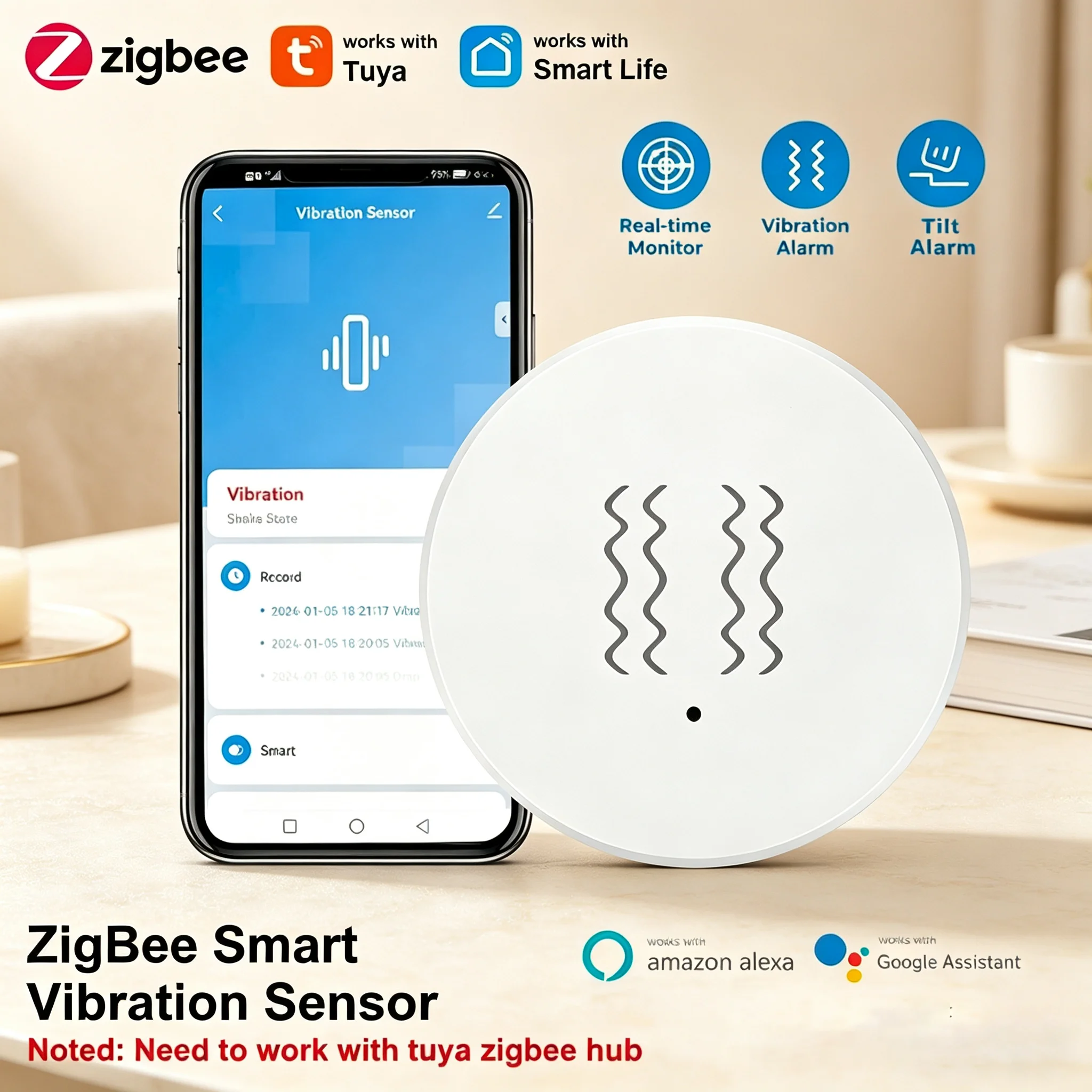 Tuya Zigbee Smart Vibration Sensor Real-time Monitor Tilt Shock Alarm Detector Smart Life App Control Home Security System