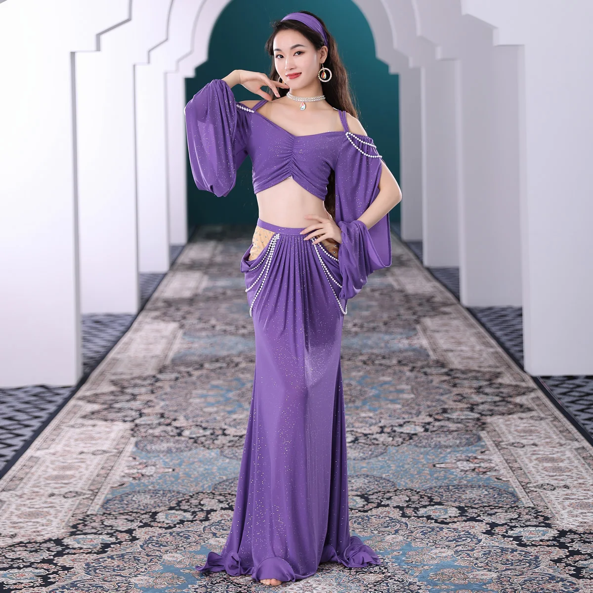 Belly Dance Suit Women Mesh Pearls Sleeves Top+long Skirt 2pcs New Girl's Oriental Costumes Set Female Practice Wear Outfit
Belly Dance Suit Women Mesh Pearls Sleeves Top+long Skirt 2pcs New Girl's Oriental Costumes Set Female Practice Wear Outfit