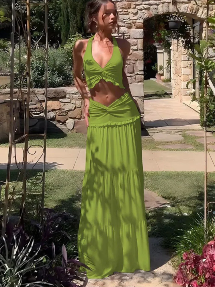 Sexy Deep V-neck Short Top+half Skirt Two-piece Set Women's Summer Fashion Solid Color Hanging Neck Suit Lace Design Lady Outfit
Sexy Deep V-neck Short Top+half Skirt Two-piece Set Women's Summer Fashion Solid Color Hanging Neck Suit Lace Design Lady Outfit