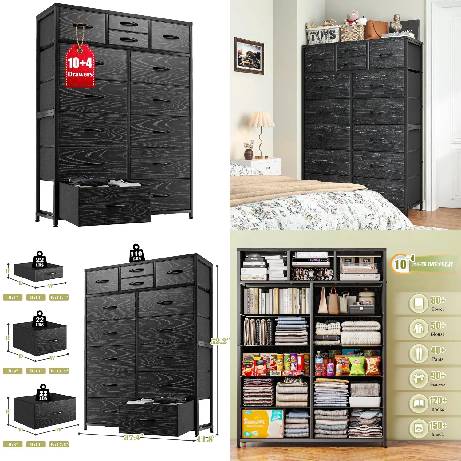 Black Dresser with 10+4 Storage Drawers, Chest of Drawers, Sturdy Metal Frame & Wood Top, Bedroom, Hallway,, Customized
Black Dresser with 10+4 Storage Drawers, Chest of Drawers, Sturdy Metal Frame & Wood Top, Bedroom, Hallway,, Customized