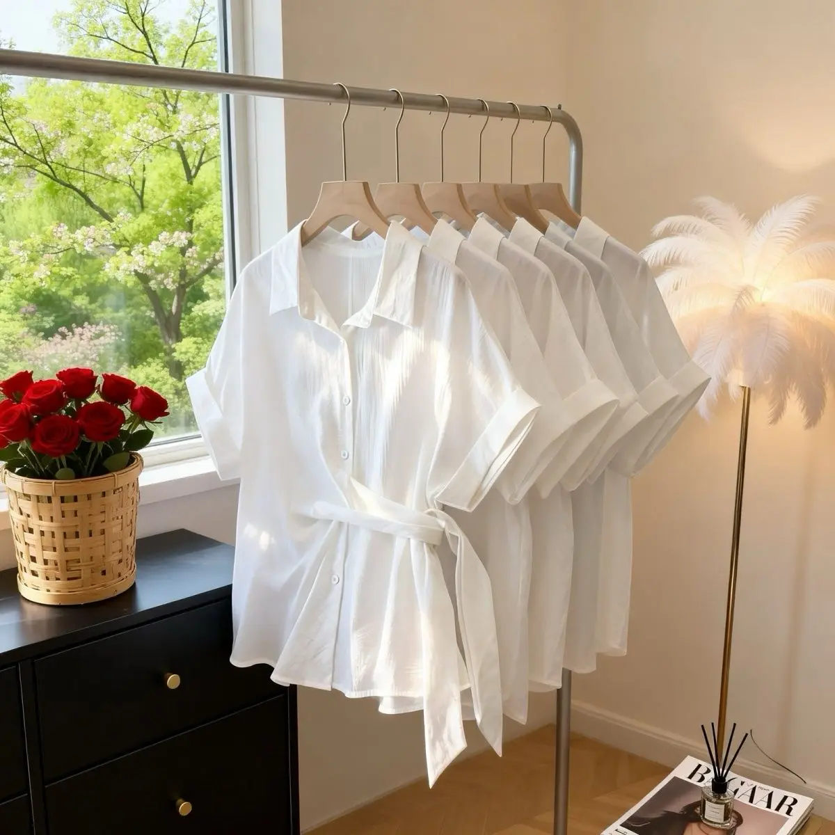 in Style Women's Collar Shirt White Top Summer Korean Version Waist Cinched Short Sleeve Small Size Fashionable Shirt
in Style Women's Collar Shirt White Top Summer Korean Version Waist Cinched Short Sleeve Small Size Fashionable Shirt