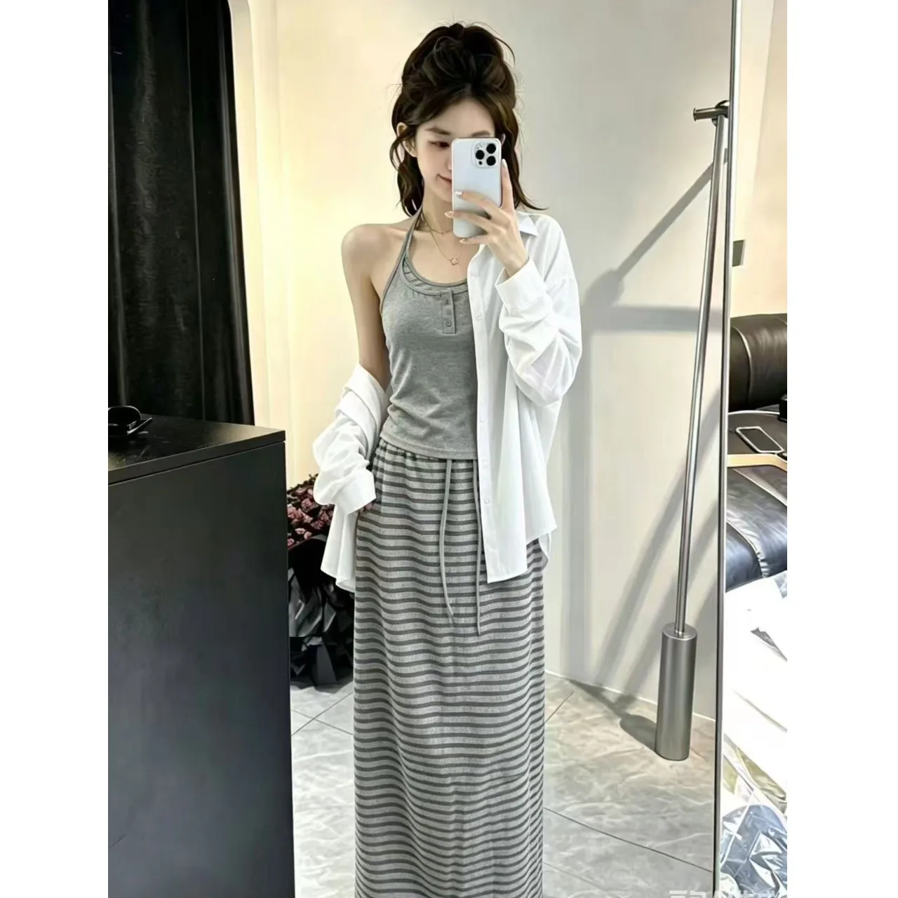 Korean Style Summer New Arrival Three-Piece Set Strap Vest Striped Halter Top Sunscreen White Shirt Midi Skirt Fashion Set
Korean Style Summer New Arrival Three-Piece Set Strap Vest Striped Halter Top Sunscreen White Shirt Midi Skirt Fashion Set