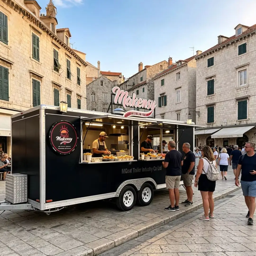 Custom Branded Black Food Trailer Mobile Cart for Burgers Fries Tacos Street Food & Food Truck Festival
Custom Branded Black Food Trailer Mobile Cart for Burgers Fries Tacos Street Food & Food Truck Festival