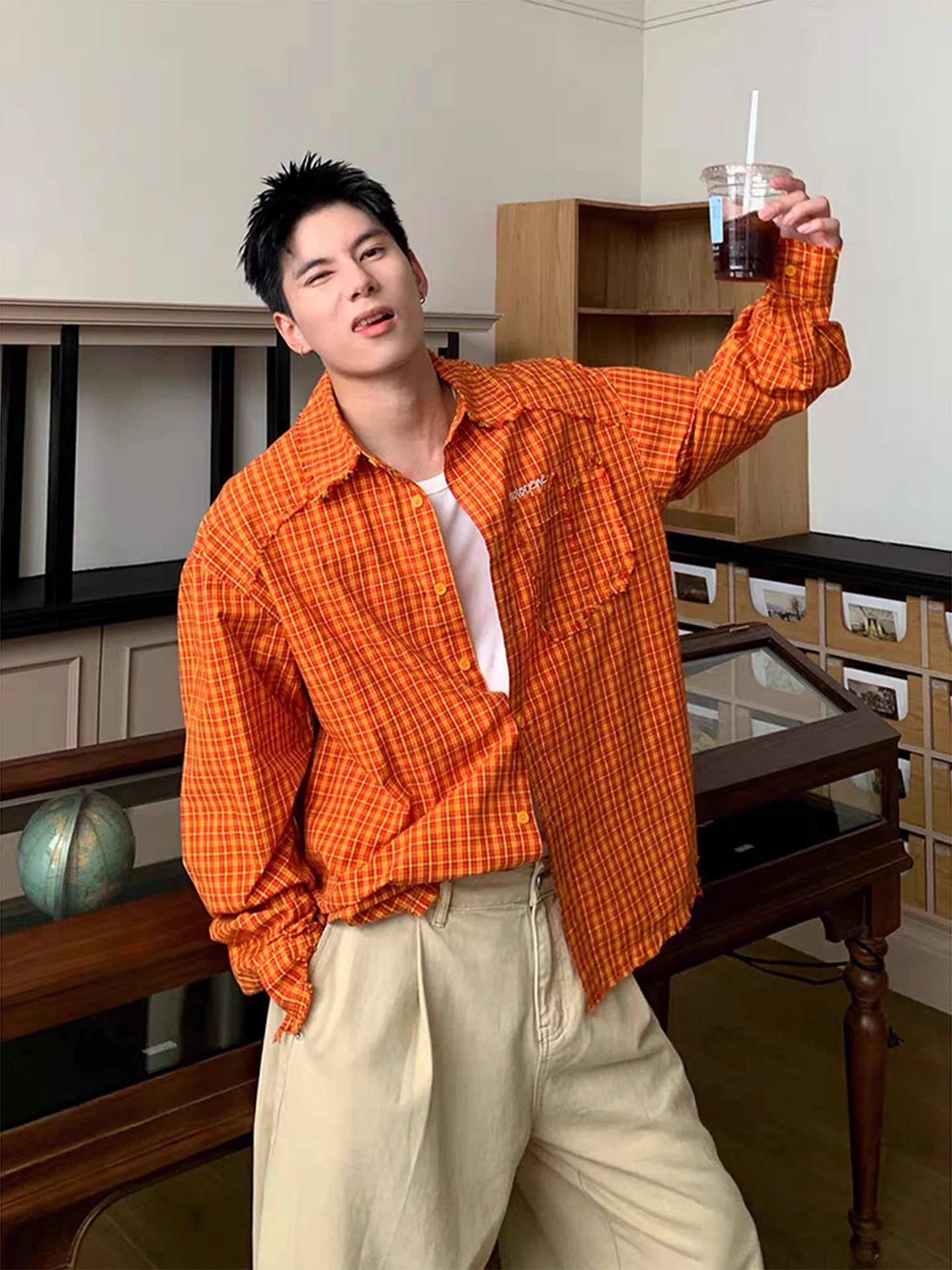 Orange Plaid Embroidered Long Sleeve Men's Shirt Vintage Style Loose Casual Outerwear Cotton Material Comfortable Fit Shirt
Orange Plaid Embroidered Long Sleeve Men's Shirt Vintage Style Loose Casual Outerwear Cotton Material Comfortable Fit Shirt