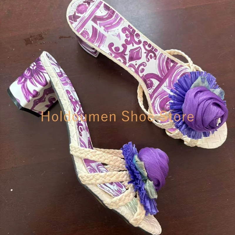 Summer New Round Toe Woven Strap Purple Handmade Flowers Slippers Insole Printing Slip On Elegant Versatile Commuter Slippers
Summer New Round Toe Woven Strap Purple Handmade Flowers Slippers Insole Printing Slip On Elegant Versatile Commuter Slippers