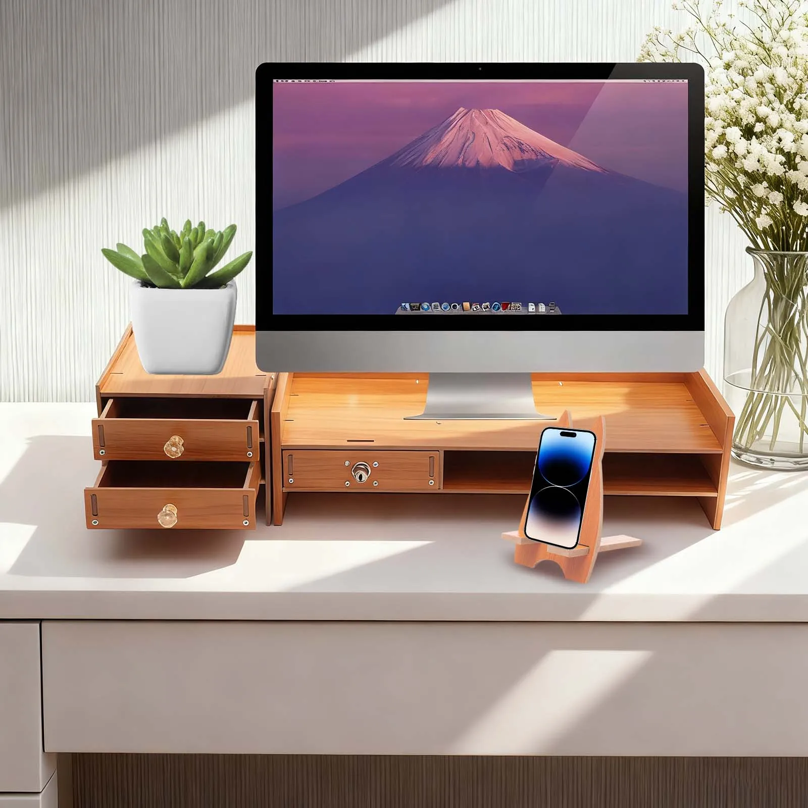 Wood Computer Monitor Stand, Riser Desk, Storage Monitor Riser Shelf, Organizer Holder with Drawer, Lock and Reserved Line Hole, Ergonomic Design, for Office & Home
Wood Computer Monitor Stand, Riser Desk, Storage Monitor Riser Shelf, Organizer Holder with Drawer, Lock and Reserved Line Hole, Ergonomic Design, for Office & Home