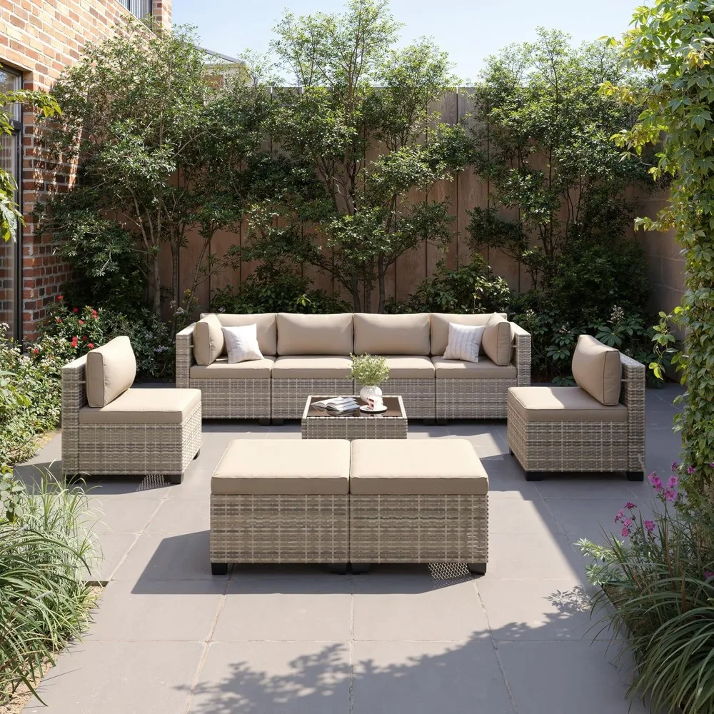9-Piece Patio Furniture Set, Outdoor with Ottomans, Modular Patio Sofa, Dual-Strand Wicker Rattan, Rust-Resistant Frame, Backyar
9-Piece Patio Furniture Set, Outdoor with Ottomans, Modular Patio Sofa, Dual-Strand Wicker Rattan, Rust-Resistant Frame, Backyar