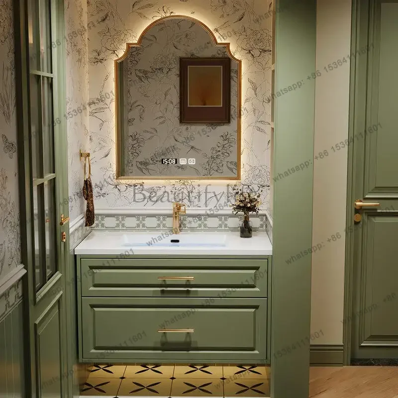French bathroom cabinet combination ceramic integrated basin solid wood bathroom rock slab hand wash cabinet
French bathroom cabinet combination ceramic integrated basin solid wood bathroom rock slab hand wash cabinet