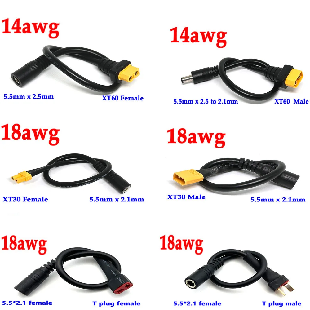 XT60 XT30 T Plug Female Male To 5.5*2.1 5.5*2.5mm Connector Battery Charging Adapter Cable Conversion Wire for DC Power Charger
XT60 XT30 T Plug Female Male To 5.5*2.1 5.5*2.5mm Connector Battery Charging Adapter Cable Conversion Wire for DC Power Charger