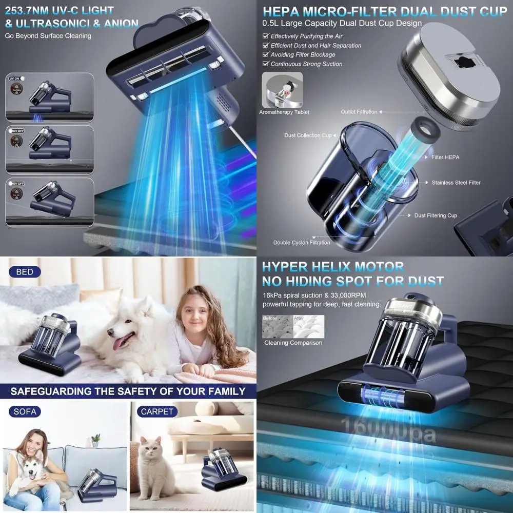 Пылесос с УФ-С-лампой: мощность всасывания 16 кПа, частота колебаний 33000 об/мин, HEPA-фильтр, 149 ℉ Технология Heat, Ultra и Anion для кроватей и домашних животных.
Пылесос с УФ-С-лампой: мощность всасывания 16 кПа, частота колебаний 33000 об/мин, HEPA-фильтр, 149 ℉ Технология Heat, Ultra и Anion для кроватей и домашних животных.