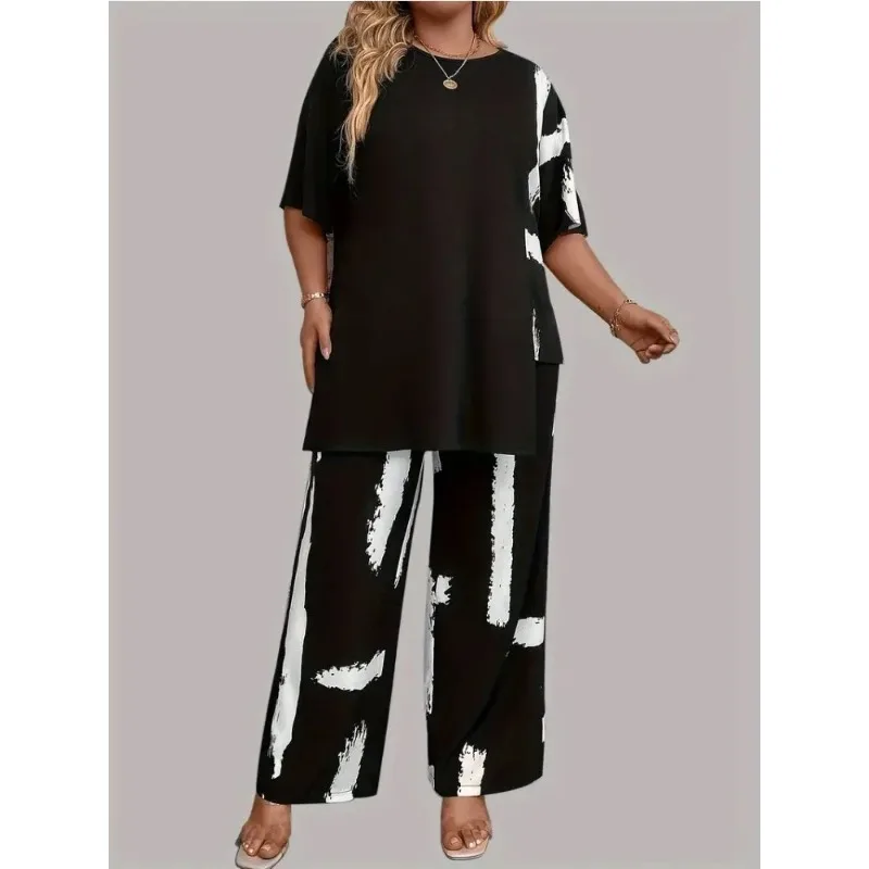 Plus Size Womens Brush Print Elegance Short Sleeve Round Neck Split Top & Matching Pants 2 Piece Outfit Set
Plus Size Womens Brush Print Elegance Short Sleeve Round Neck Split Top & Matching Pants 2 Piece Outfit Set