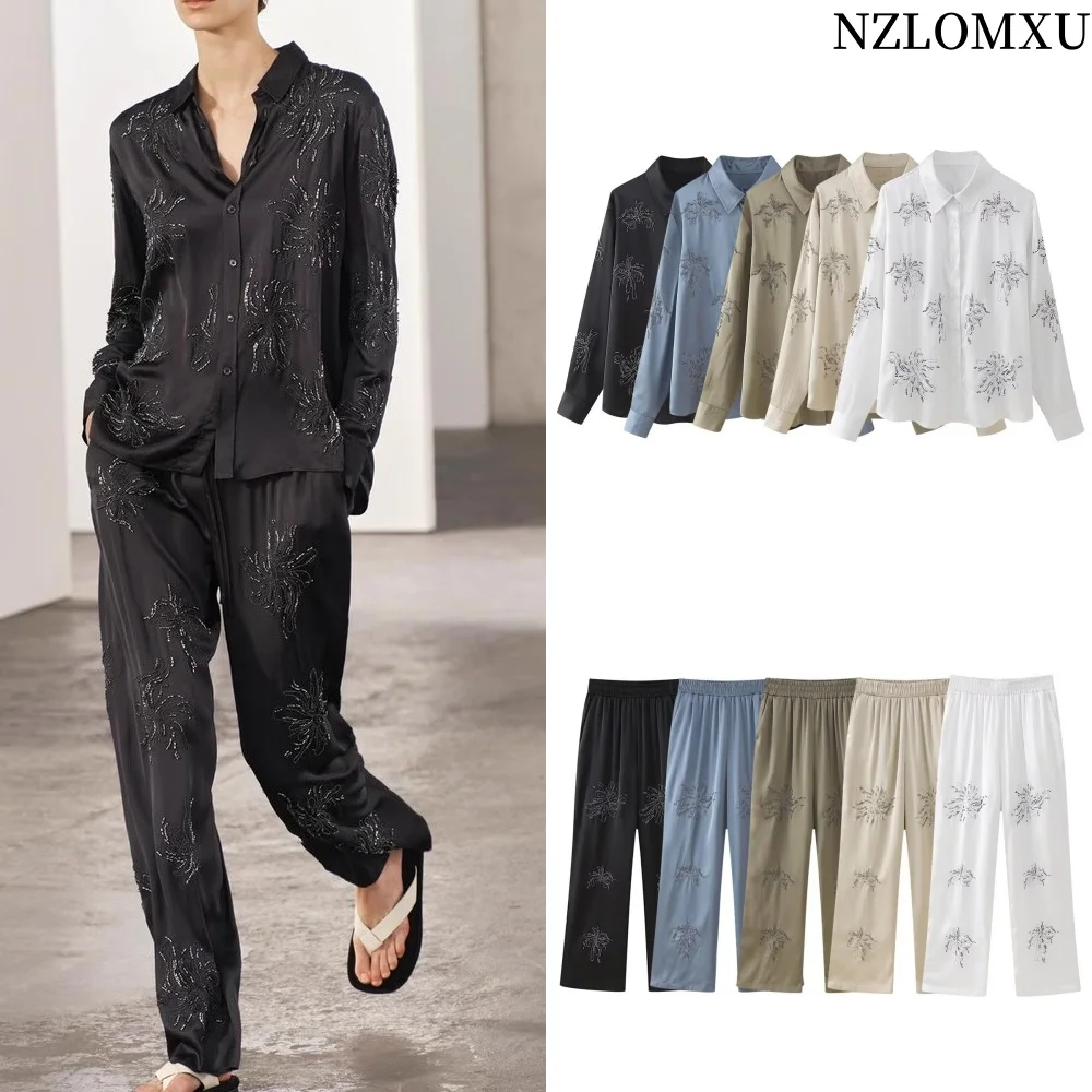 Beaded Embroidery Long Pants Sets For Women 2 Pieces 2025 New Fashion Shirts Top Women's Suit Two Piece Set Women Outfit
Beaded Embroidery Long Pants Sets For Women 2 Pieces 2025 New Fashion Shirts Top Women's Suit Two Piece Set Women Outfit