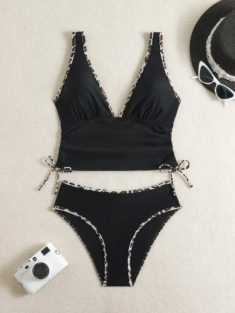 Women Black Two Piece Swimwear Set With Leopard Trim Ruched Crop Top High Waist Bottom
Women Black Two Piece Swimwear Set With Leopard Trim Ruched Crop Top High Waist Bottom