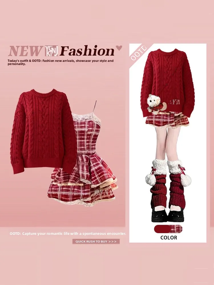Red Knitted Sweater And Dress Set for Women Spring 2026 Loose Fit Plaid Halter Dress Two Piece Set Lace Detail Short Length
Red Knitted Sweater And Dress Set for Women Spring 2026 Loose Fit Plaid Halter Dress Two Piece Set Lace Detail Short Length