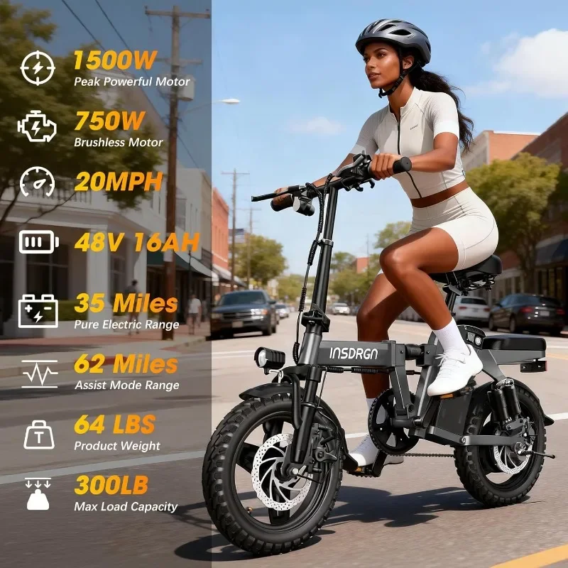 INSDRGN 14 Inch Adult Folding Electric Bike 1500W Peak Motor 20MPH 48V 16Ah Removable Battery Commuter Bike
INSDRGN 14 Inch Adult Folding Electric Bike 1500W Peak Motor 20MPH 48V 16Ah Removable Battery Commuter Bike