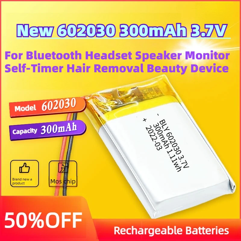 New 602030 300mAh 3.7V Li-Po Rechargeable Battery for Bluetooth Headset Speaker Monitor Self-Timer Hair Removal Beauty Device
New 602030 300mAh 3.7V Li-Po Rechargeable Battery for Bluetooth Headset Speaker Monitor Self-Timer Hair Removal Beauty Device