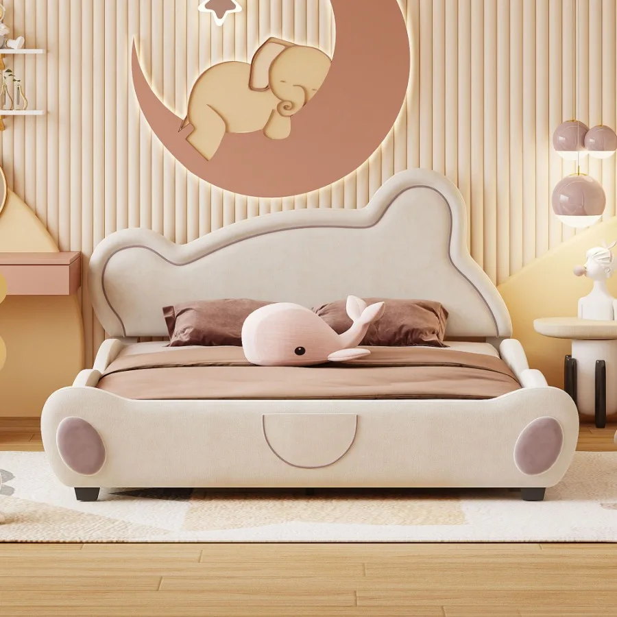 Кровать-платформа размера «queen-size» из бархата с доской в форме медведя и карманом для хранения вещей бежевого цвета
Кровать-платформа размера «queen-size» из бархата с доской в форме медведя и карманом для хранения вещей бежевого цвета