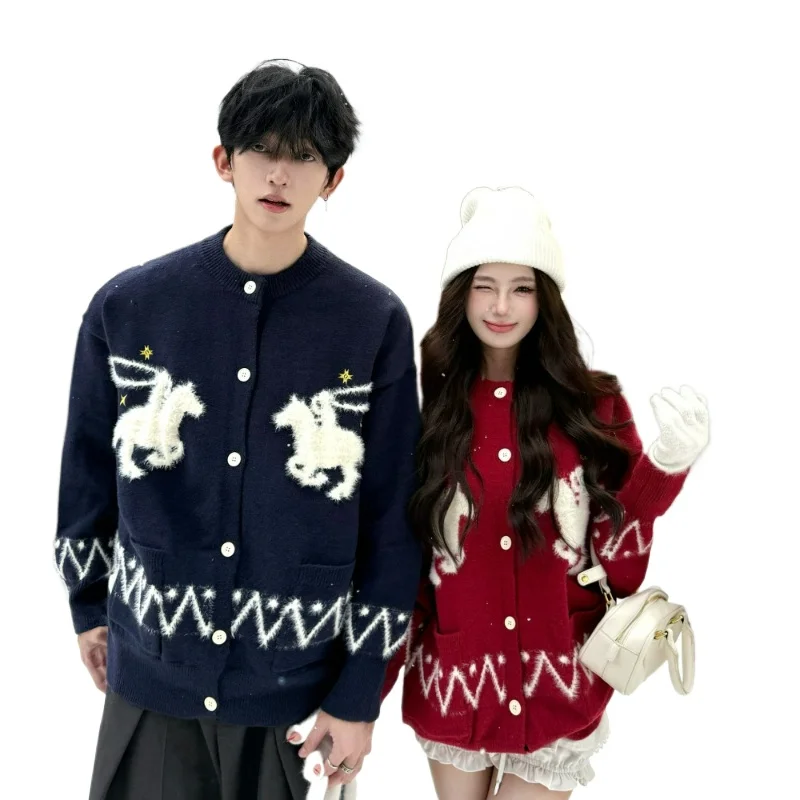 Jacquard Button Cardigan Christmas Sweater for Men Women 2026 Winter New Fashionable American Retro Style Loose Knitted Sweater
Jacquard Button Cardigan Christmas Sweater for Men Women 2026 Winter New Fashionable American Retro Style Loose Knitted Sweater