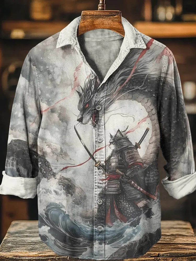 Мужская рубашка с длинным рукавом, винтажная рубашка с принтом воина, кота и дракона, грубые волны, осенняя праздничная блузка, модные американские топы на пуговицах
Мужская рубашка с длинным рукавом, винтажная рубашка с принтом воина, кота и дракона, грубые волны, осенняя праздничная блузка, модные американские топы на пуговицах