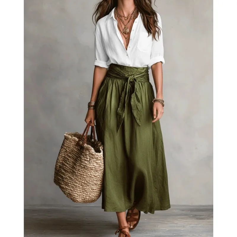 Women's Casual Button Lapel Top And Tie Bowknot Waist Skirt Sets Solid Long Sleeve Shirt 2026 Spring Summer Office Skirt Outfit
Women's Casual Button Lapel Top And Tie Bowknot Waist Skirt Sets Solid Long Sleeve Shirt 2026 Spring Summer Office Skirt Outfit