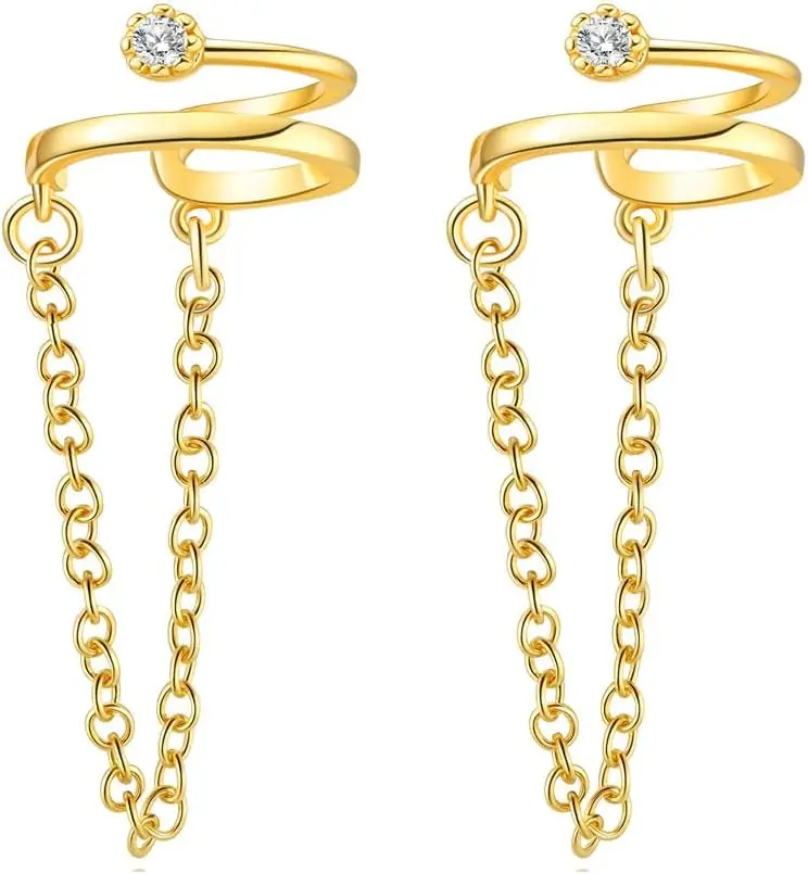 14K Gold Plated Double Layer Cuff Earring with Chain & Cubic Zirconia, Minimalist Dangle Ear Cuff for
14K Gold Plated Double Layer Cuff Earring with Chain & Cubic Zirconia, Minimalist Dangle Ear Cuff for