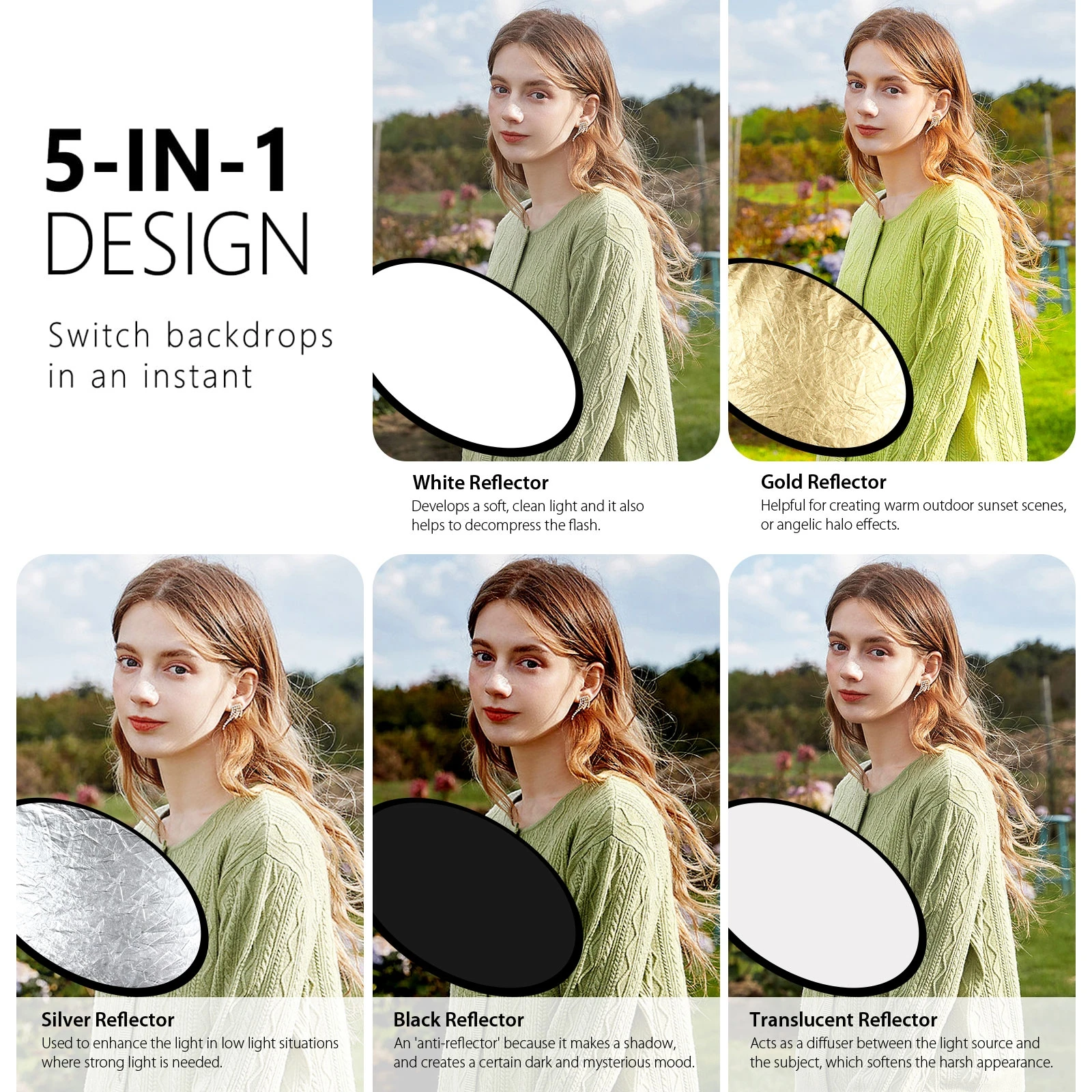 PULUZ 60cm 5 in 1 (Silver / Translucent / Gold / White / Black) Folding Photo Studio Reflector Board
PULUZ 60cm 5 in 1 (Silver / Translucent / Gold / White / Black) Folding Photo Studio Reflector Board