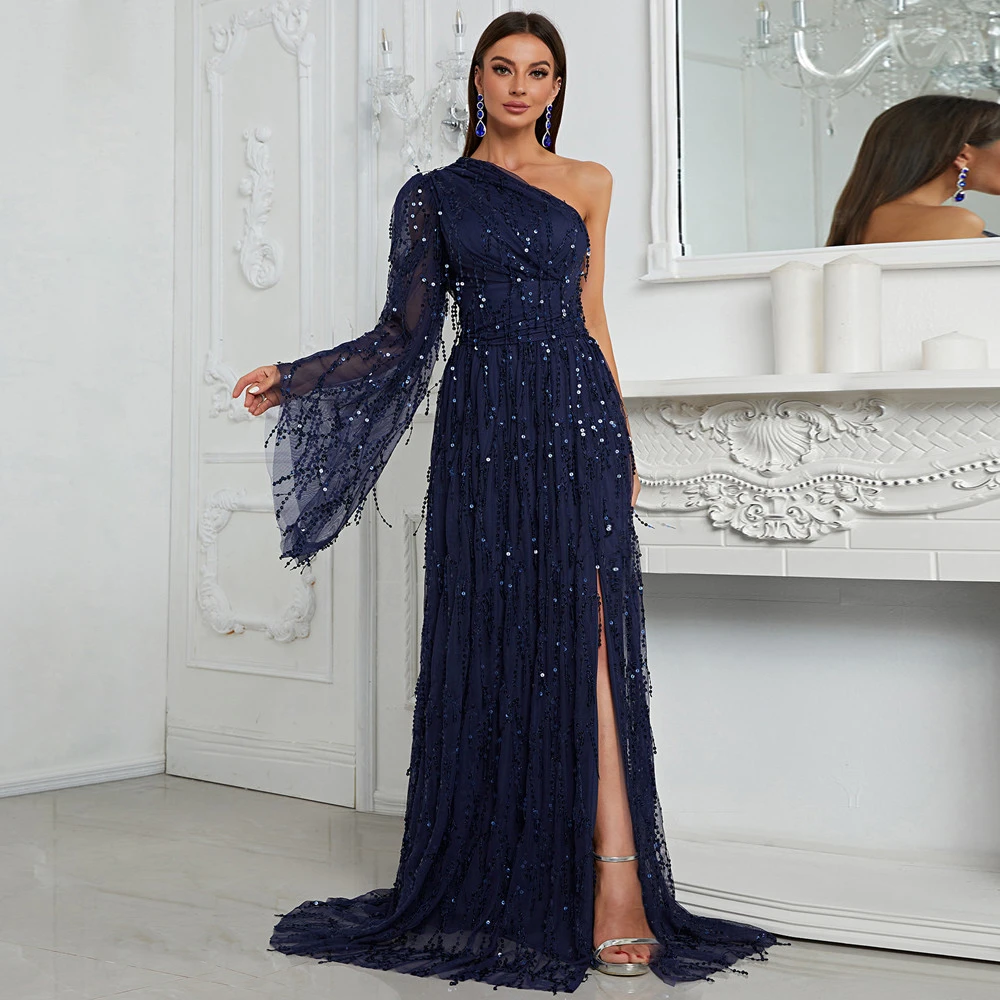 One Shoulder Navy Long Sleeve Evening Dress 2024 New Sequin A Line Floor Length Formal Women Gowns For Prom Party Custom Made
One Shoulder Navy Long Sleeve Evening Dress 2024 New Sequin A Line Floor Length Formal Women Gowns For Prom Party Custom Made
