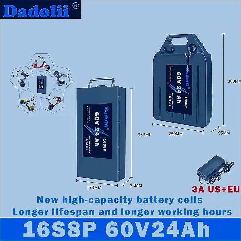 New 16S8P 60V 24Ah waterproof lithium battery suitable for 250W-2500W Harley two wheel folding Citycoco electric scooter
New 16S8P 60V 24Ah waterproof lithium battery suitable for 250W-2500W Harley two wheel folding Citycoco electric scooter