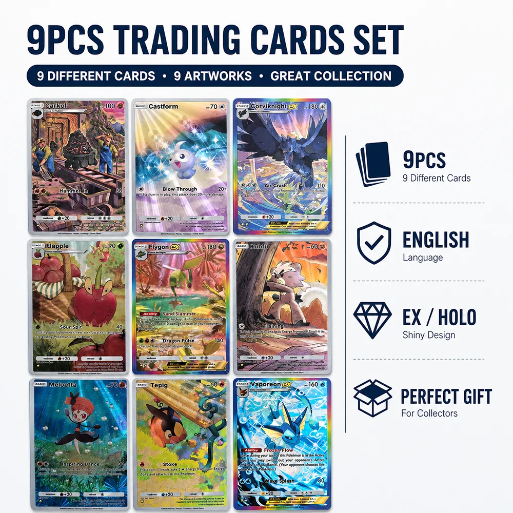 Anime PTCG 9PCS Full Art Holo Trading Cards Collection Set Corviknight Ex Flygon Ex Vaporeon Ex Castform Kubfu Meloetta Cards
Anime PTCG 9PCS Full Art Holo Trading Cards Collection Set Corviknight Ex Flygon Ex Vaporeon Ex Castform Kubfu Meloetta Cards