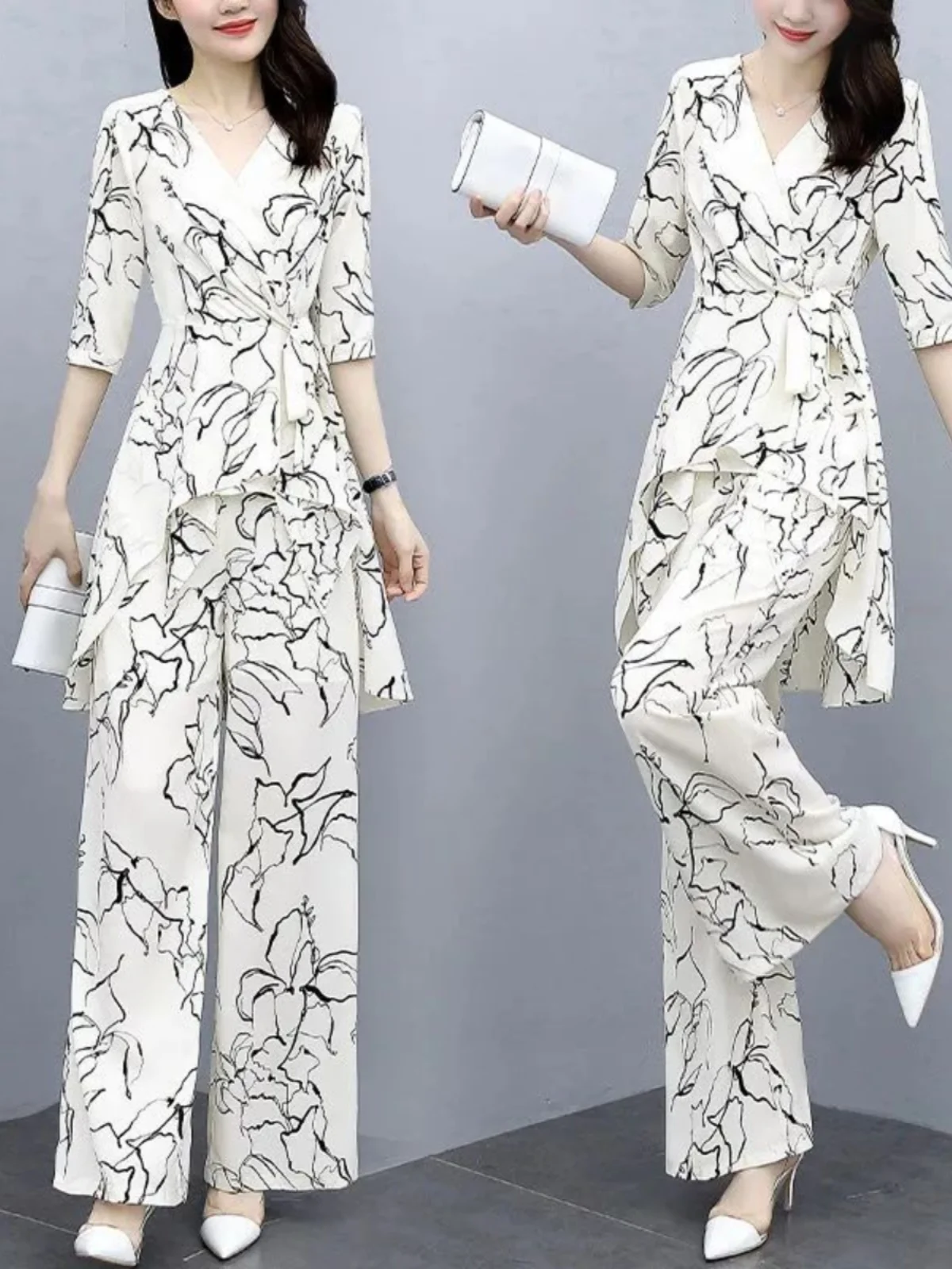 Slimming Wide Leg Pants Set Women's Summer Fashion Two Piece Set Elegant Lady Style V Neck Short Sleeve Long Pants Ensemble
Slimming Wide Leg Pants Set Women's Summer Fashion Two Piece Set Elegant Lady Style V Neck Short Sleeve Long Pants Ensemble