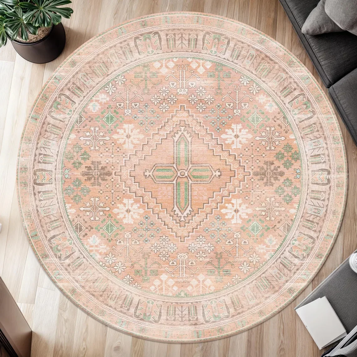 Round Vintage Bohemian Rug with Oriental-Inspired Geometric Patterns – Pink & Brown Digital Print Floor Mat for Home Decor
Round Vintage Bohemian Rug with Oriental-Inspired Geometric Patterns – Pink & Brown Digital Print Floor Mat for Home Decor