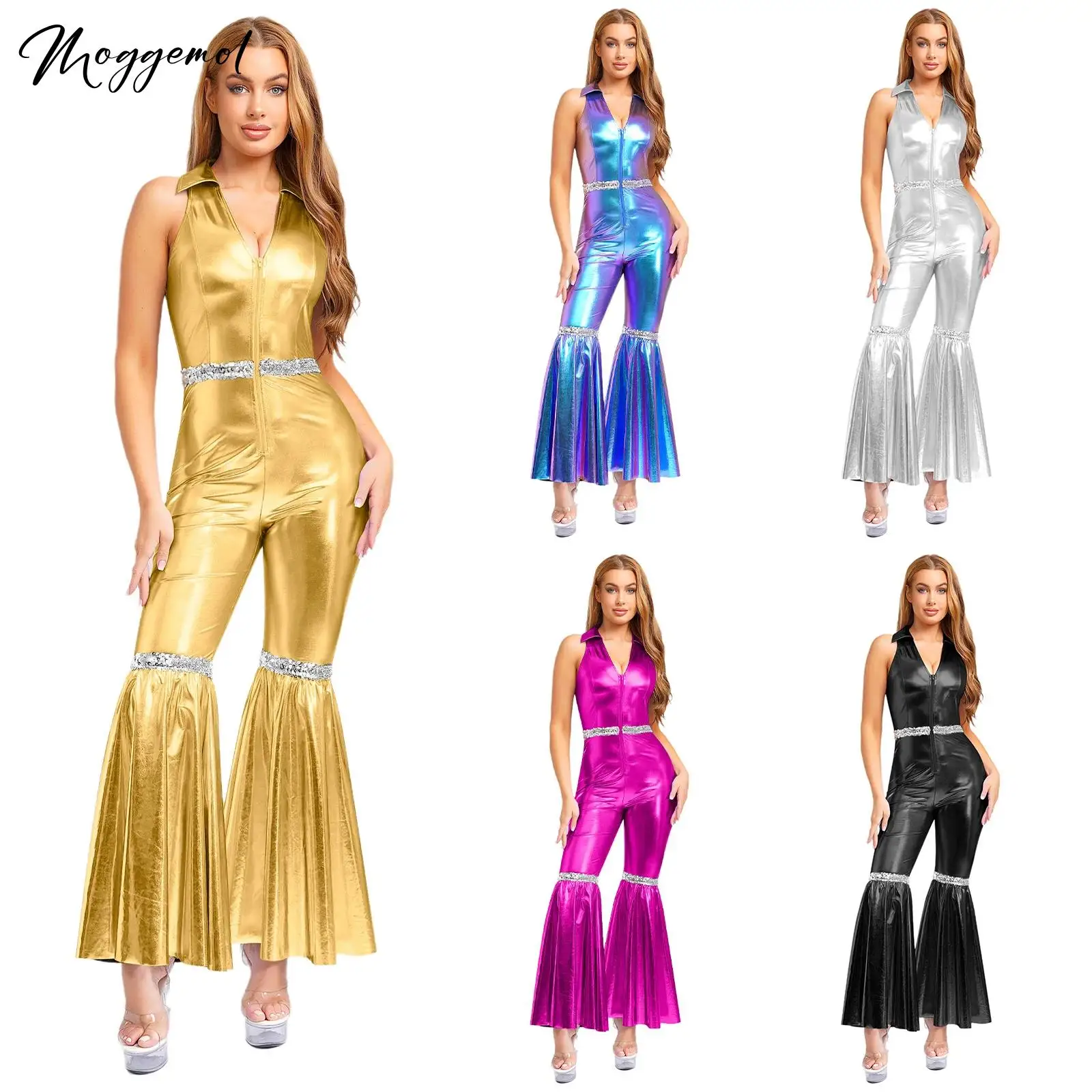Womens 70s Style Clothes Disco Rompers Lapel V Neck Sleeveless Front Zipper Sequins Bell Bottom Pants Hippie Jumpsuit for Party
Womens 70s Style Clothes Disco Rompers Lapel V Neck Sleeveless Front Zipper Sequins Bell Bottom Pants Hippie Jumpsuit for Party