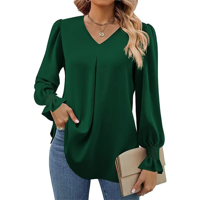 European American women's autumn winter new item solid color chiffon shirt V-neck pullover trumpet long sleeved top chiffon shir
European American women's autumn winter new item solid color chiffon shirt V-neck pullover trumpet long sleeved top chiffon shir