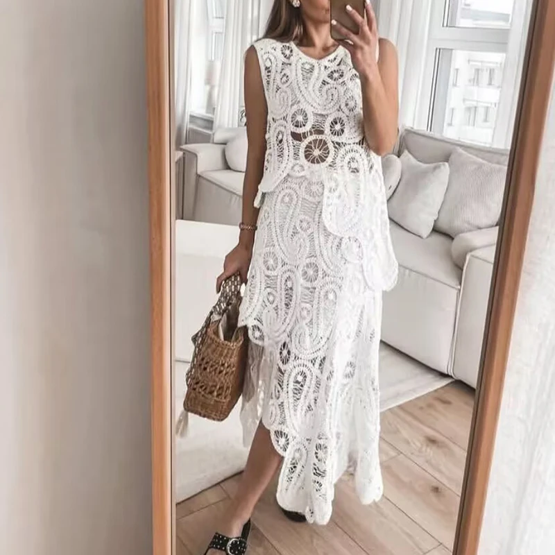 Sexy Crochet Hollow Solid Outfits Elegant O-neck Pullover Top & Long Skirt Suit Women Fashion Sleeveless Irregular Knit 2Pc Set
Sexy Crochet Hollow Solid Outfits Elegant O-neck Pullover Top & Long Skirt Suit Women Fashion Sleeveless Irregular Knit 2Pc Set